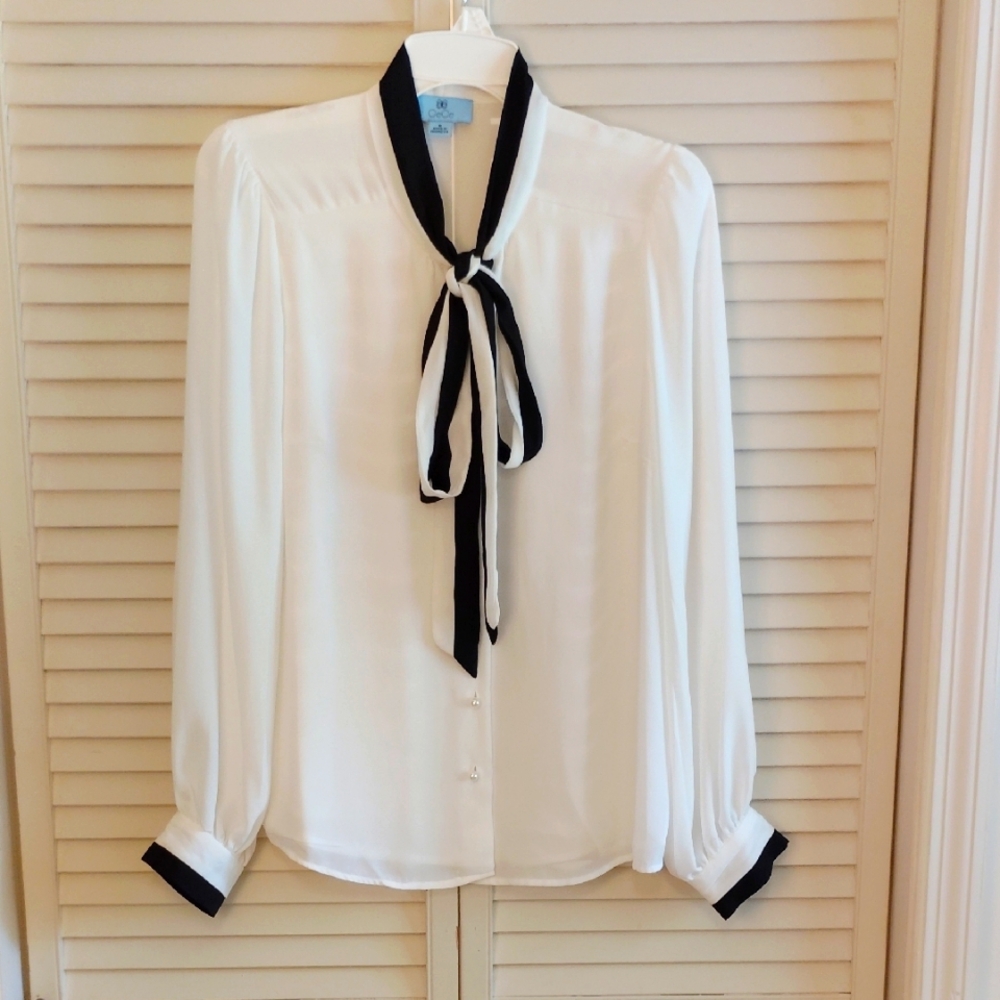 CeCe White and Black Women's Blouse with Tie Detail - Picture 1 of 7